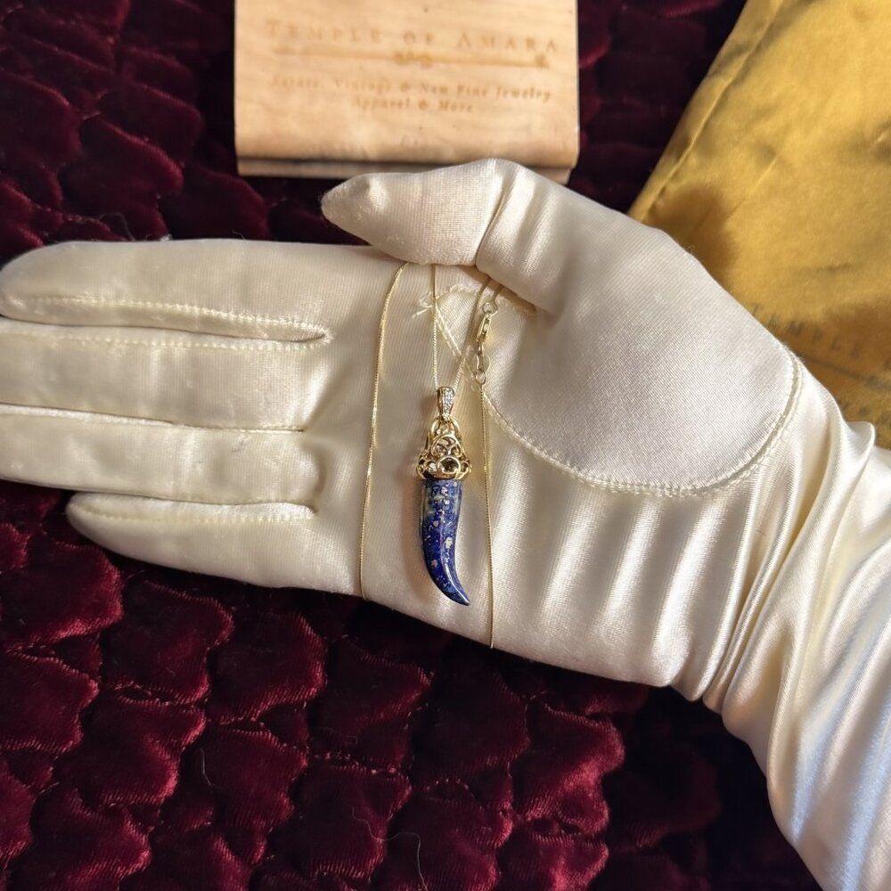 10K Gold - Lapis Lazuli & Diamond Tusk Necklace -20"- Ornate Filigree  -5.4g - Picture 7 of 16